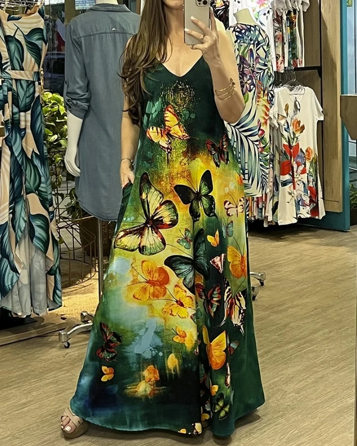 Vestidos em linha para mulheres, vestido maxi sem mangas, estampa borboleta colorida, design de bolso, decote em v casual, férias diárias, verão, 2024