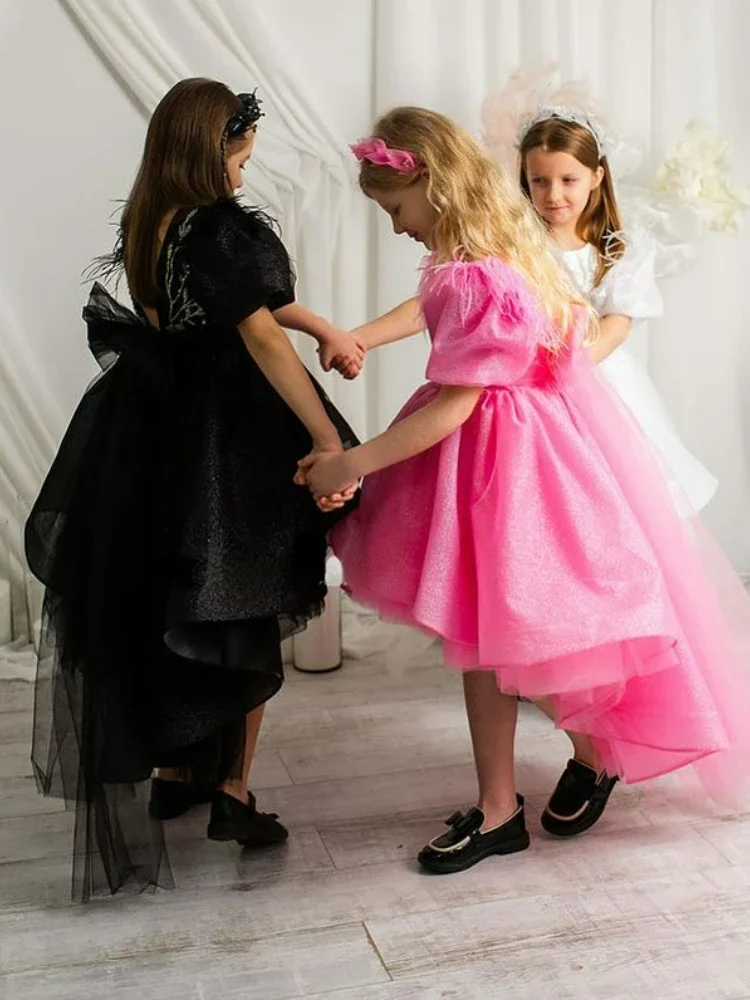 Precioso vestido rosa de flores para niña, vestido hinchado de tul de manga corta para boda, vestidos de noche para fiesta de cumpleaños para niñas pequeñas