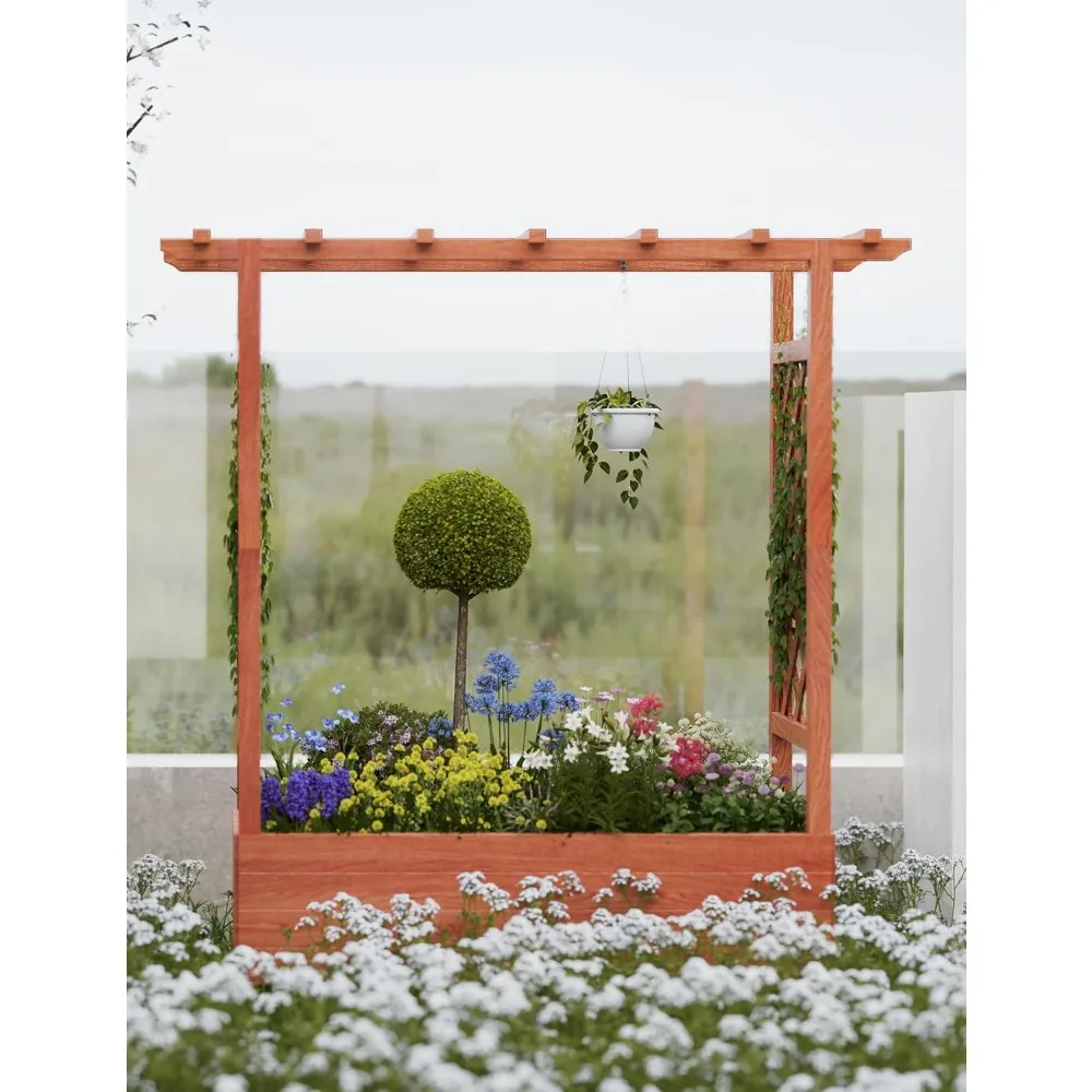 سرير حديقة مرتفع مع تعريشة، صندوق زراعة خشبي مقاس 45 بوصة مع سقف معلق وفتحات تصريف لنباتات التسلق #3