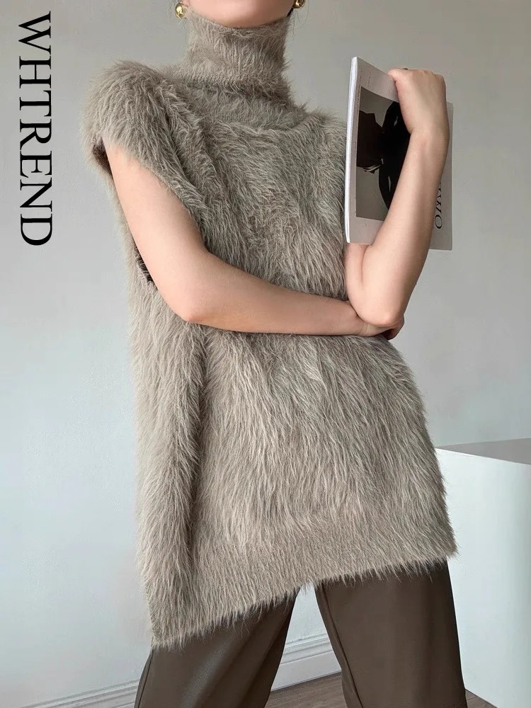

WHTREND Chic Sweater Vest For Women Loose High Neck Imitation Mink Fur Sleeveless Fashion Top Early Autumn New WH1646