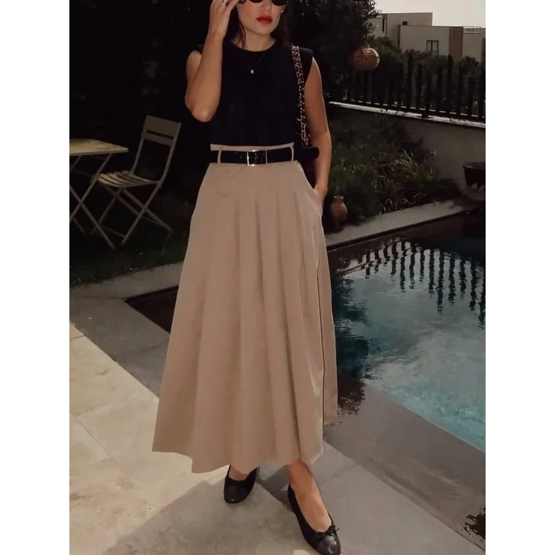 

Retro Chic Women's Patchwork Maxi Dress round Neck Sleeveless Belt Pleated Summer Vacation Fashion for Ladies