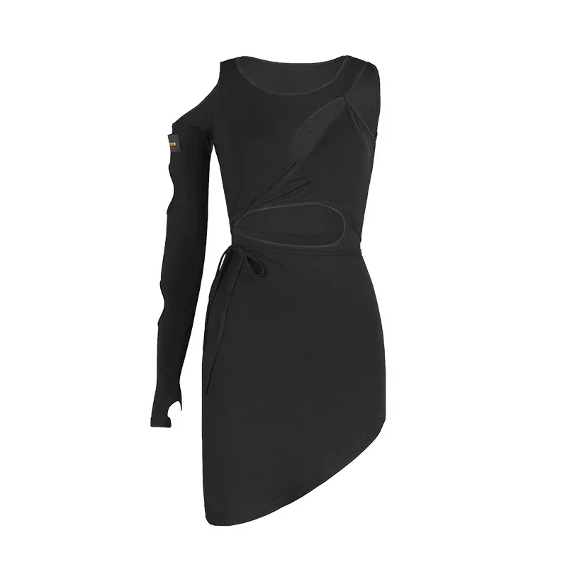 Vestido de baile latino para mujer, vestido de práctica Irregular con recortes de una manga, ropa de actuación de Rumba Tango, vestido negro DNV16020 2022