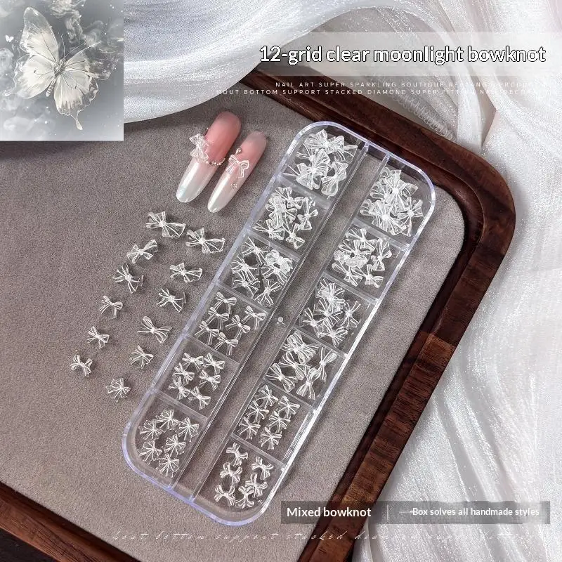 1 Set Y2K Moon Bow Nail Rivet Studs 12 Grids Transparent 3D Bow Tie Nail Charms DIY Valentine's Day Manicure Decoration