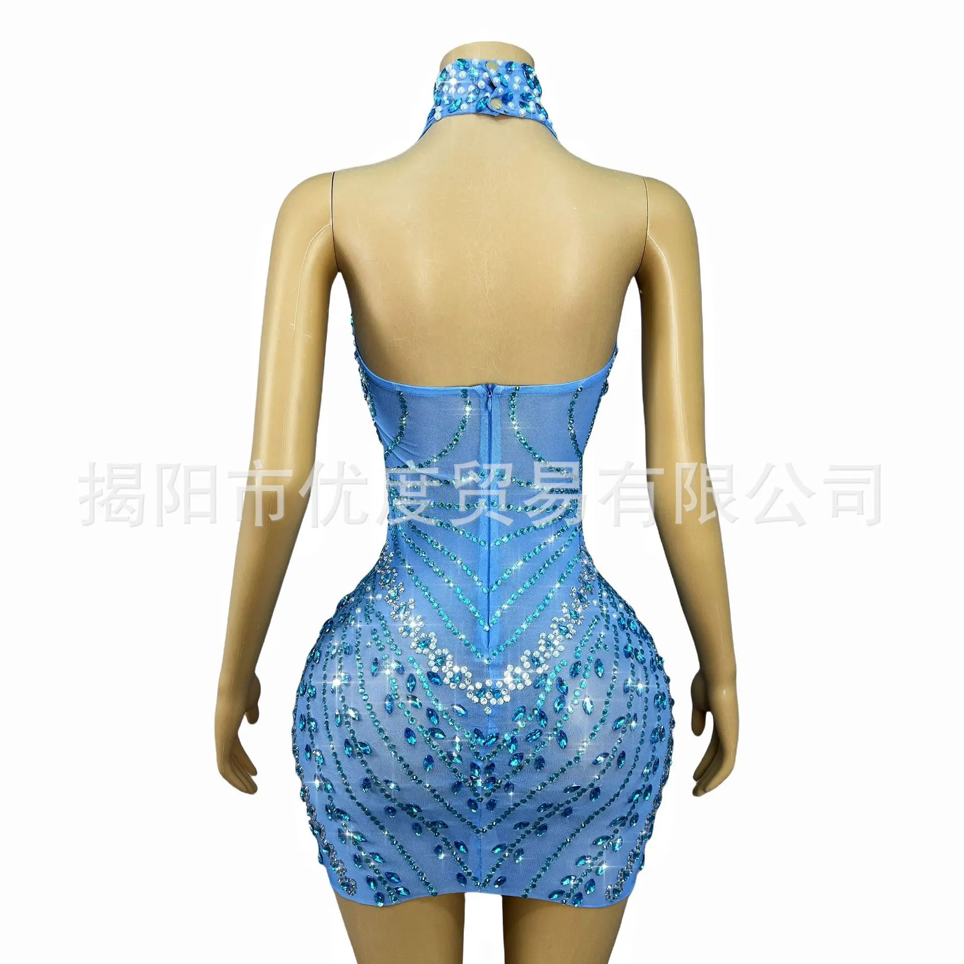 Blue Glam Perspective Backless Rhinestone Costume Catwalk Dress Evening Dress Princess Party Dinner Lotus Blue Leaf Partykleider