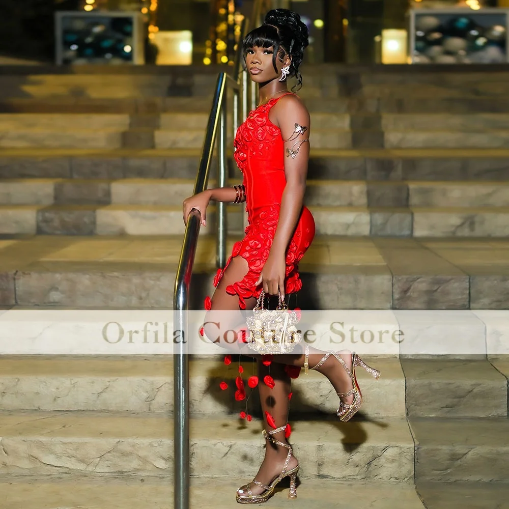 Red Velvet Short Prom Dresses 2026 Mini Wedding Party Dress Handmade Flowers Black Girls Birthday Dress Customized