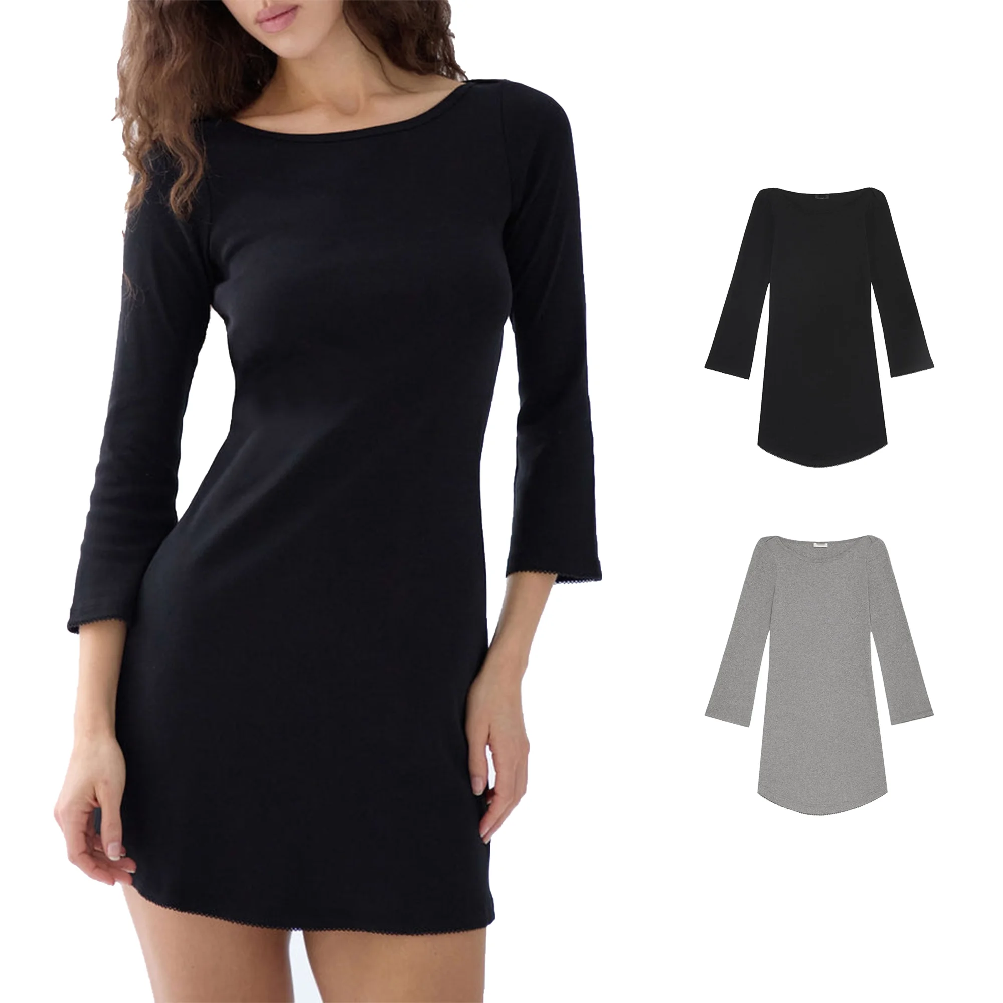 Cou Boat Neck Three-Quarter Sleeve Knitted Dress for Women, French Style Simple Solid Color Slim Fit A-Line Short Dress, Hem Lace Trim Base Dress, Bell Sleeve Lace Off-Shoulder Curved Hem Skirt