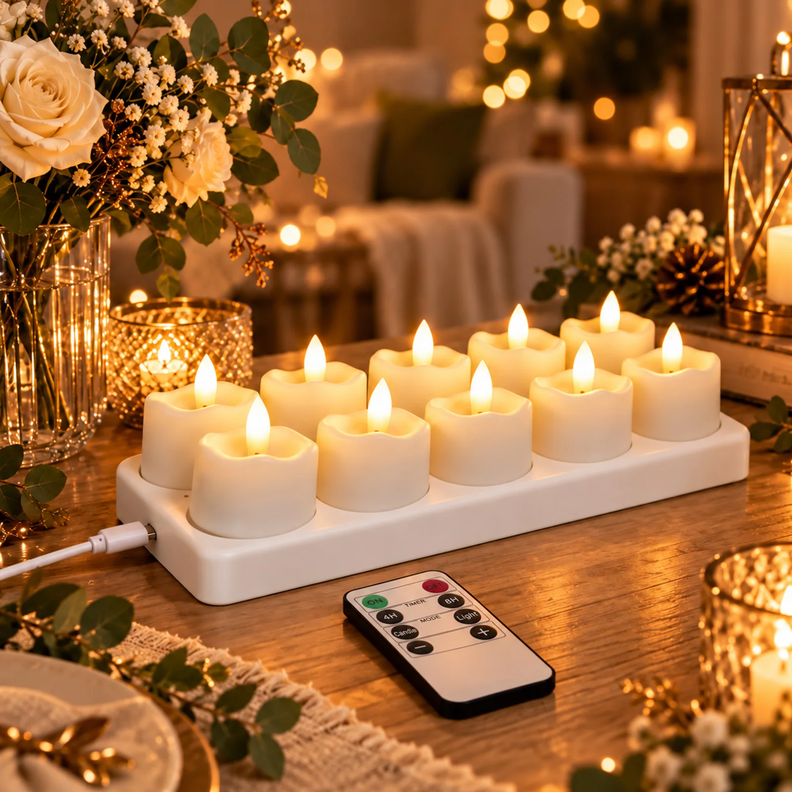 Rechargeable LED Tea Lights with Charging Station, Remote Timer Flameless Candles, Flickering Fake Tealight for Party Home Decor