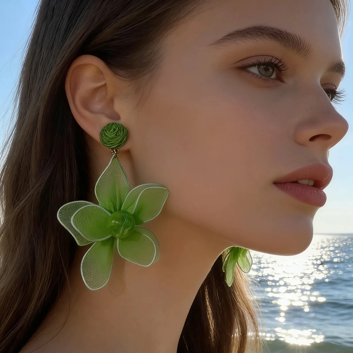 Docona Cute Polyester Mesh Petal Flowers Drop Earrings for Women Charms Summer Jewelry Accessories Gift