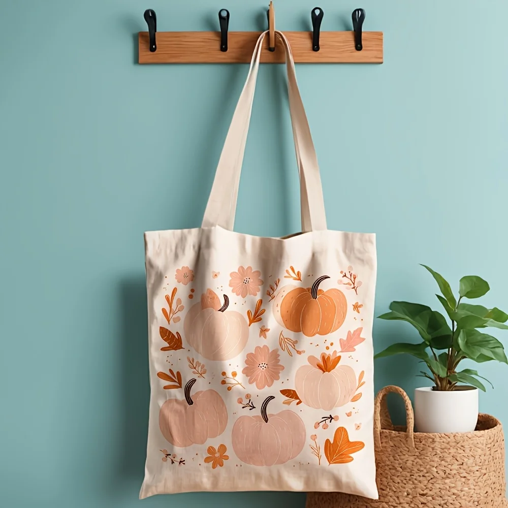 Fall Pumpkin Canvas Tote Bag Cute Autumn Floral Leaf Pattern Large Capacity Shoulder Handbag Shopping Travel School Daily Use