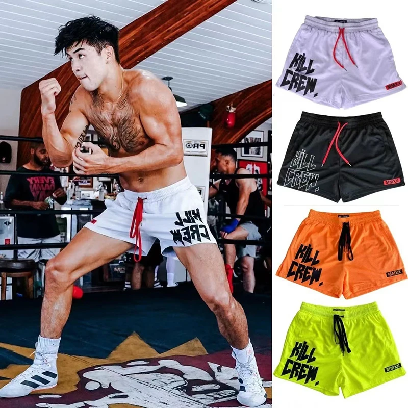 Calções de malha respirável para musculação masculino, Bermuda masculina, treino de boxe, secagem rápida, calça praia, esporte, ginástica, corrida, verão