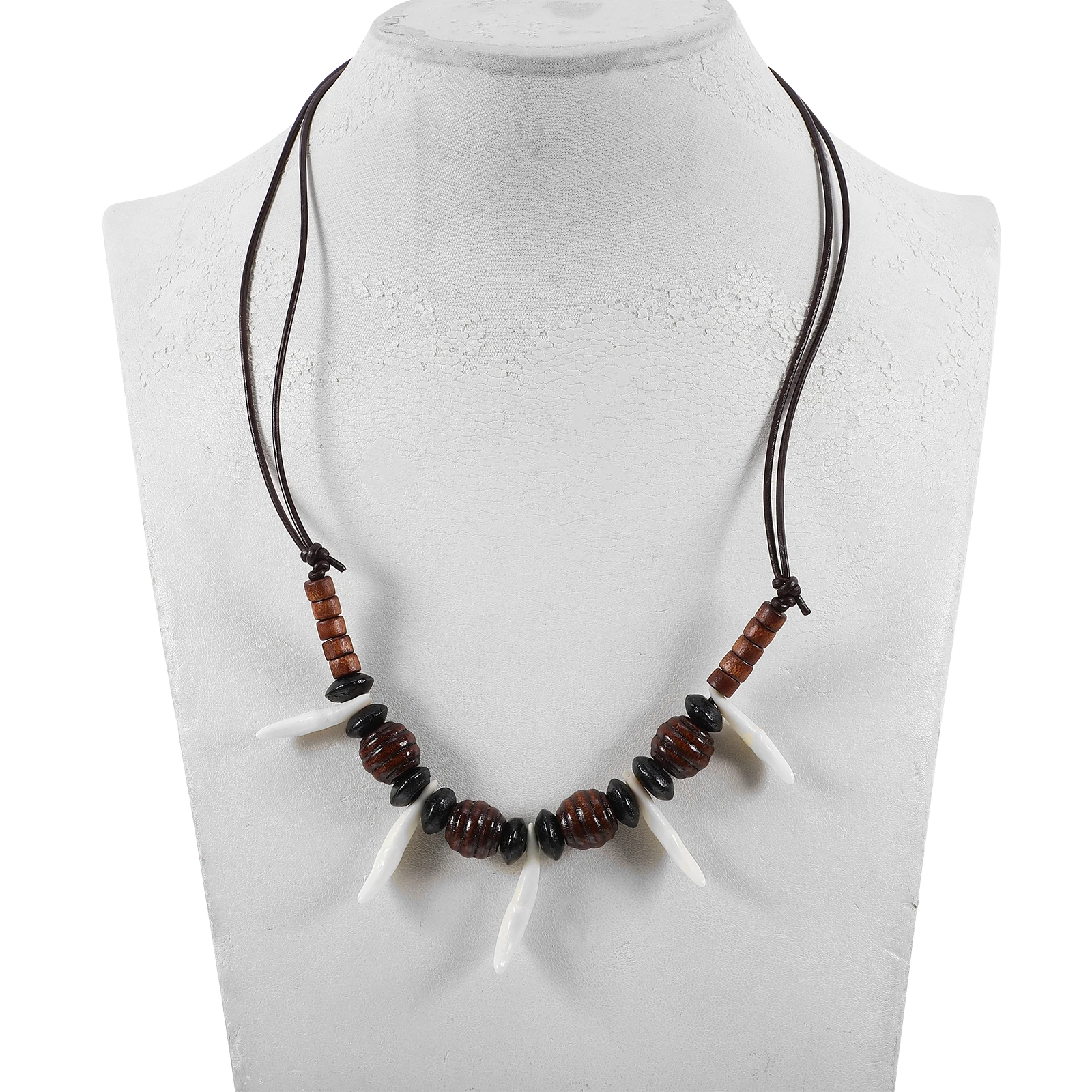 Collana con lupo Catena con ciondolo Fang in acrilico Stile tribale Perline Stringa di cera bianca regolabile Collane di gioielli da surfista maschile