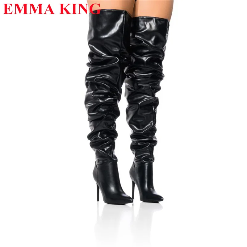 

Fashion Slim Pleated Over The Knee Boots Women Winter Pointed Toe Thigh High Boots High Heel Shoes 2023 Slouchy Long Boots Women