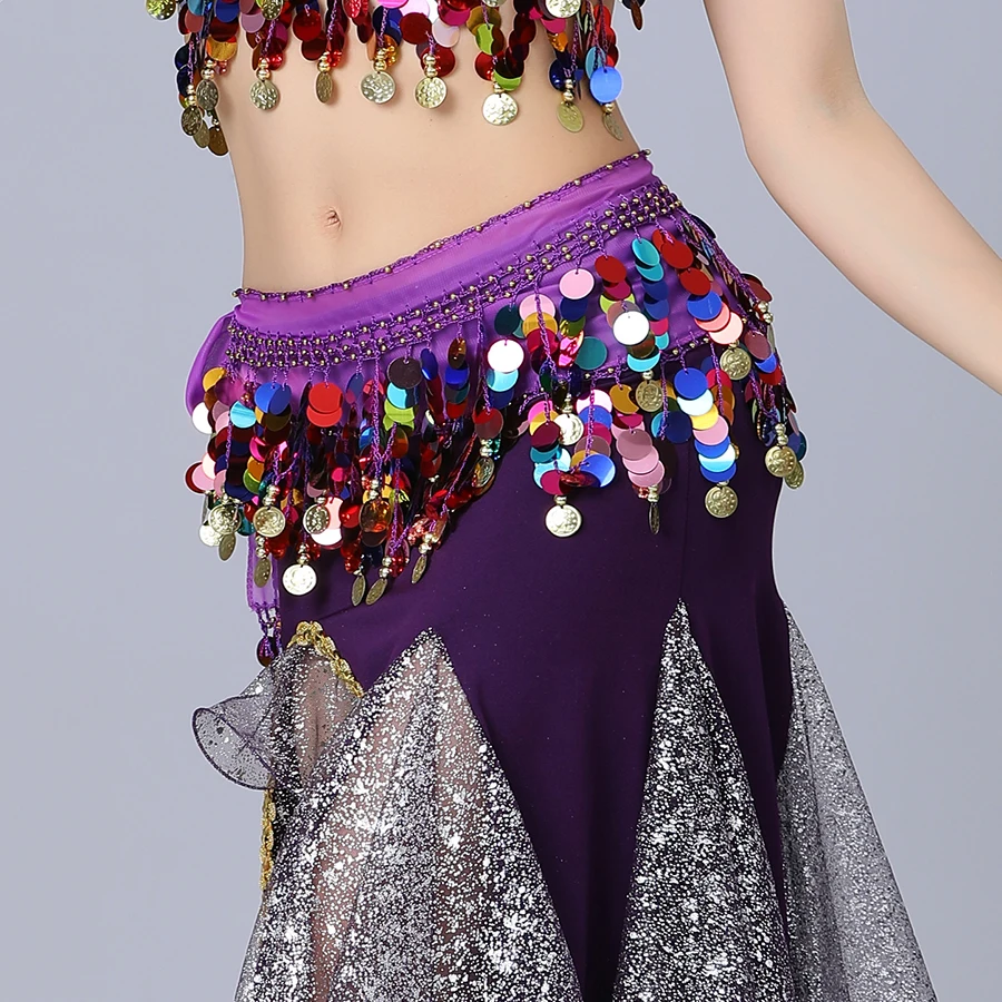 Paarse buikdans heupsjaal met pailletten, gouden munten, glanzende franje, elastische tailleband – perfect voor optredens, trainingen en D