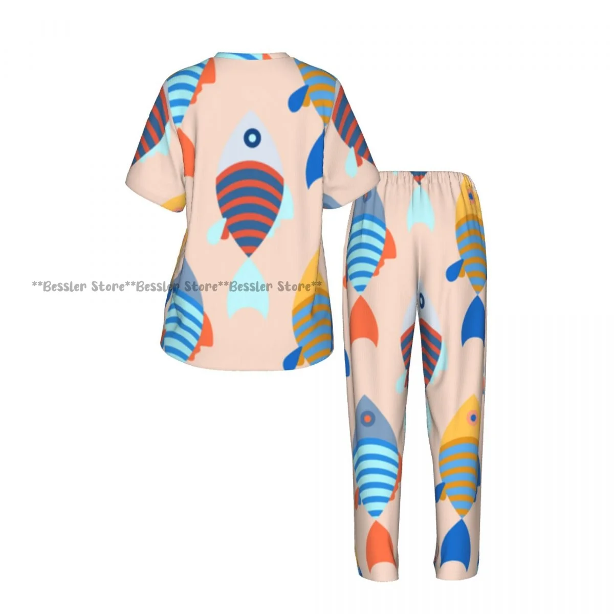 Women Pajama Sets Lounge Sleepwear Fish Bright Background Short Sleeve Nightwear view 3