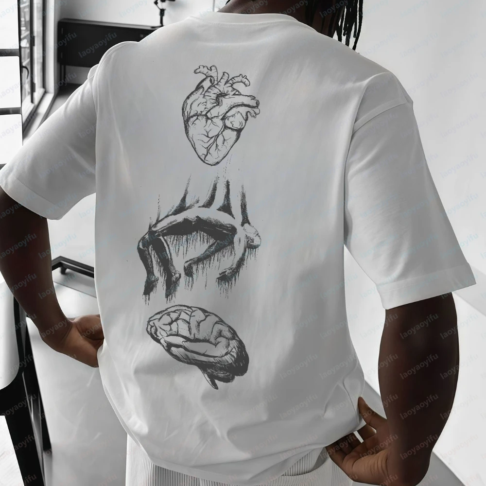 Men's Short Sleeve T-shirt Printed with Brain and Heart Designs Casual and Modern Summer Outdoor Clothing Ideal for Holidays Top
