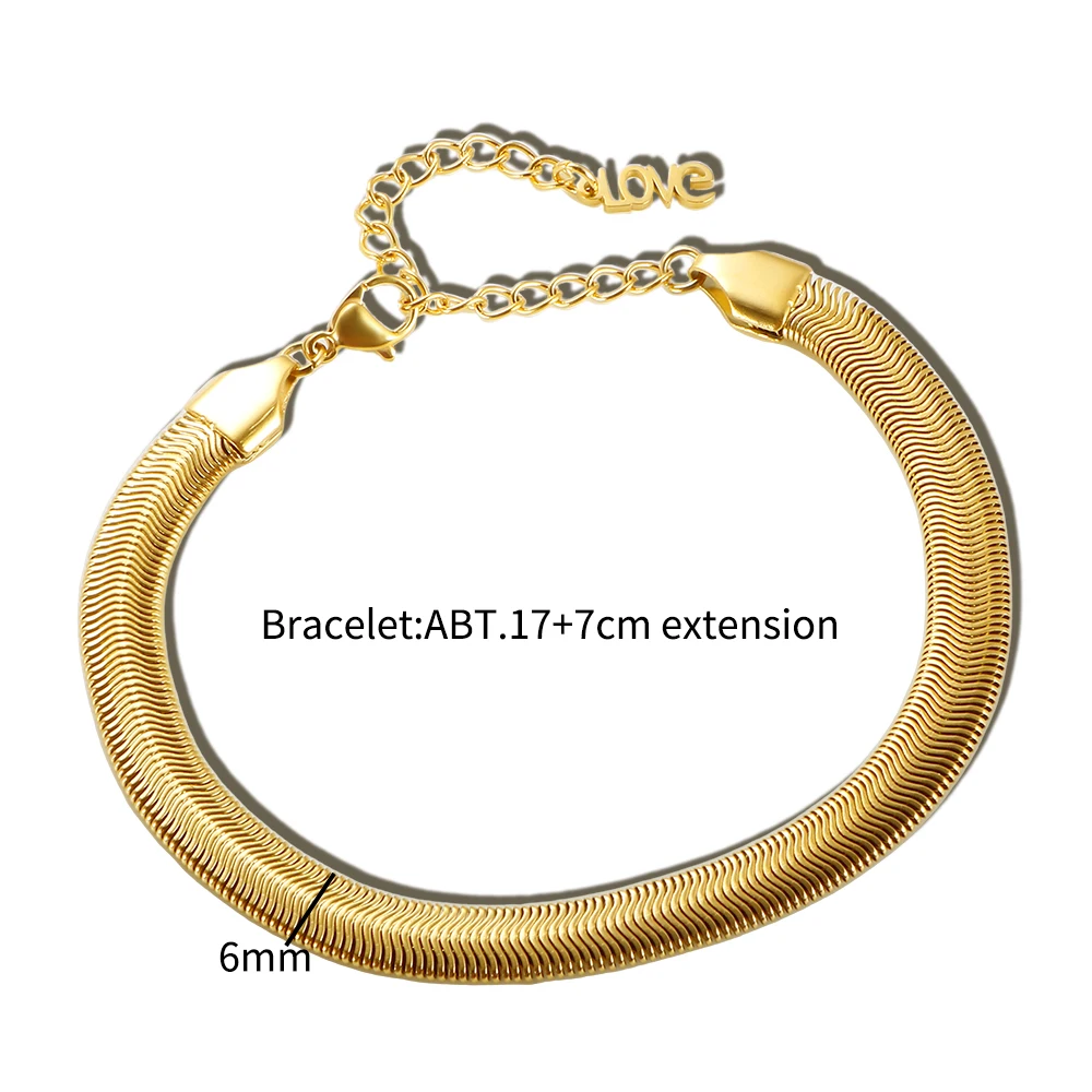 Edelstahl-Halskette, minimalistische metallische Textur, Schlangenkette, 18 Karat vergoldet, flach, dick, Halsketten, Armband für Unisex-Schmuckset – Detail 5