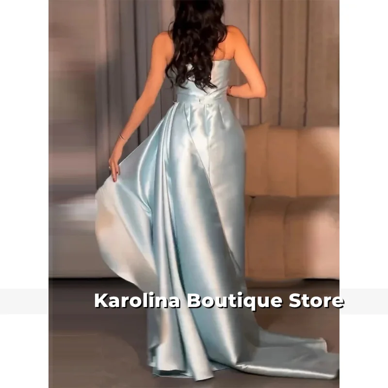 فساتين سهرة فاخرة للنساء 2025 أزرق سماوي من الساتان بفتحة جانبية عمود ثوب مسائي طويل ثنيات مطرز بحجر الراين فستان الحفلات