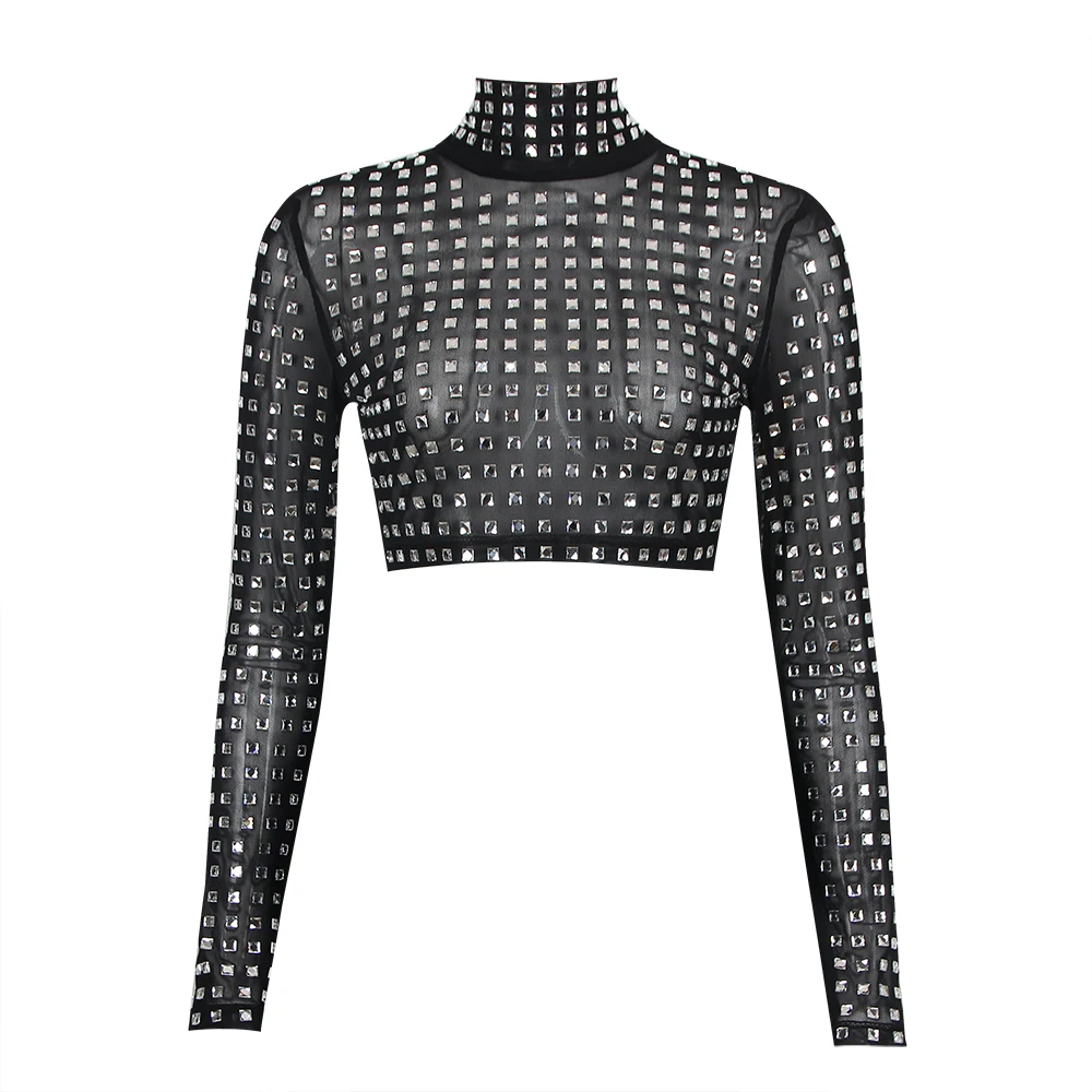 2023 New Arrival Women Sexy Beading Mesh Long Sleeve T-Shirts Ladies Black Fashion Tops