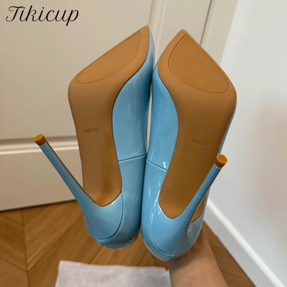 

Модные элегантные светло-голубые лакированные кожаные туфли на шпильке, пикантные вечерние модельные туфли на высоком каблуке 12 см с острым носком для выпускного вечера и ночного клуба