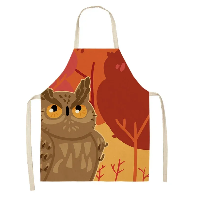 Cartoon Owl Fox Pattern Apron Household Cleaning Utensils Kitchen Oil-proof Apron Linen Apron Kitchen Half-length Sleeveless