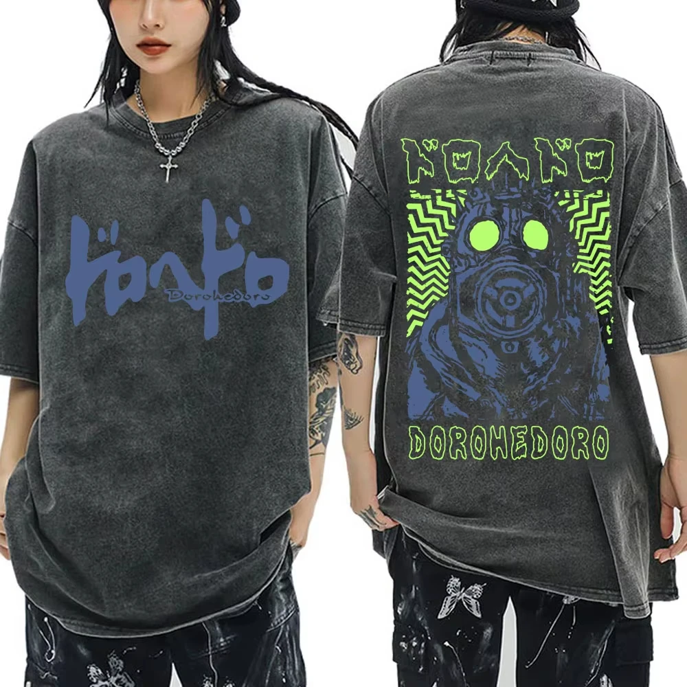 Japanese Anime Dorohedoro Vintage Washed Graphic T‑shirt Unisex Casual Pure Cotton Short Sleeve Streetwear Fashion Tops