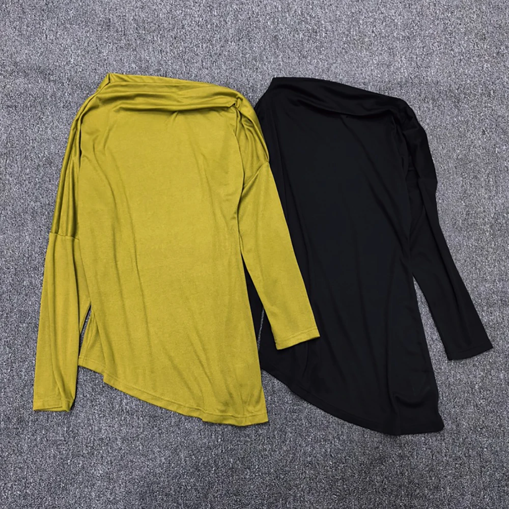 Asymmetrisch T-shirt van katoenmix voor dames Lente 2026 Nieuwe collectie Minimalistisch Elegant Commuter Gebreide top met lange mouwen T-shirt Y2K