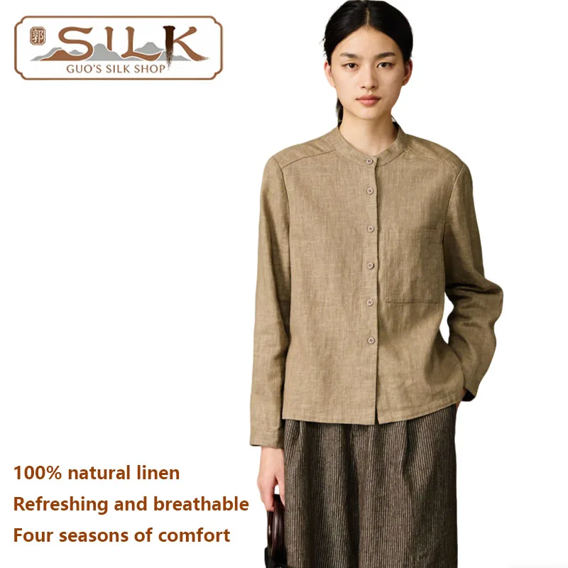 

Natural Pure Linen Women's Shirt - Long Sleeve V-Neck - Elegant and Fashionable Women's Outdoor and Casual Top