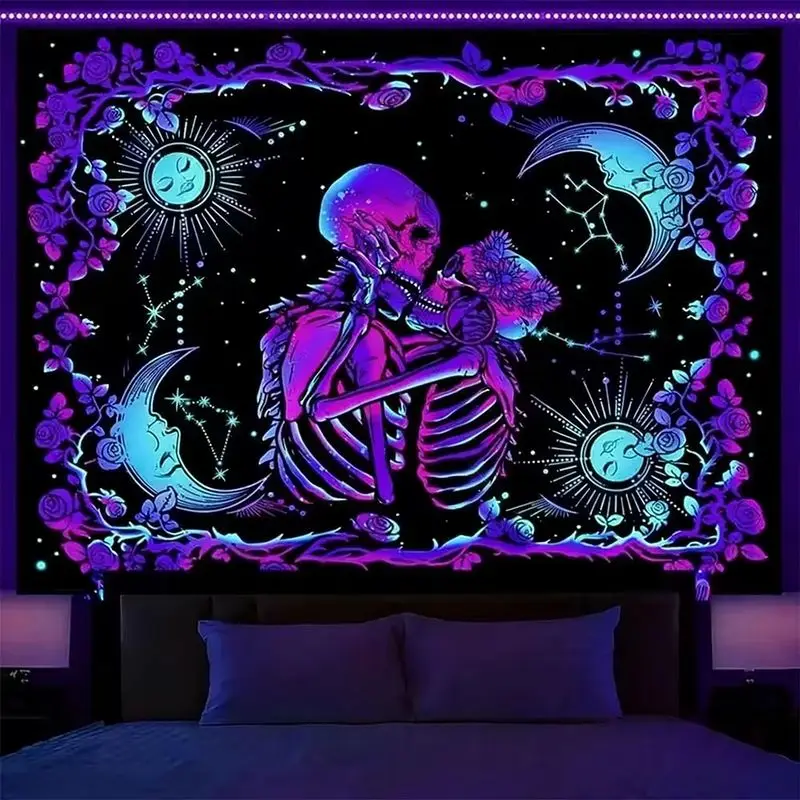 VIKAMA UV Reactive Skull Tapestry Trippy Dark Fantasy Mushroom Wall Hanging Psychedelic Gothic Bedroom Dorm Wall Decor