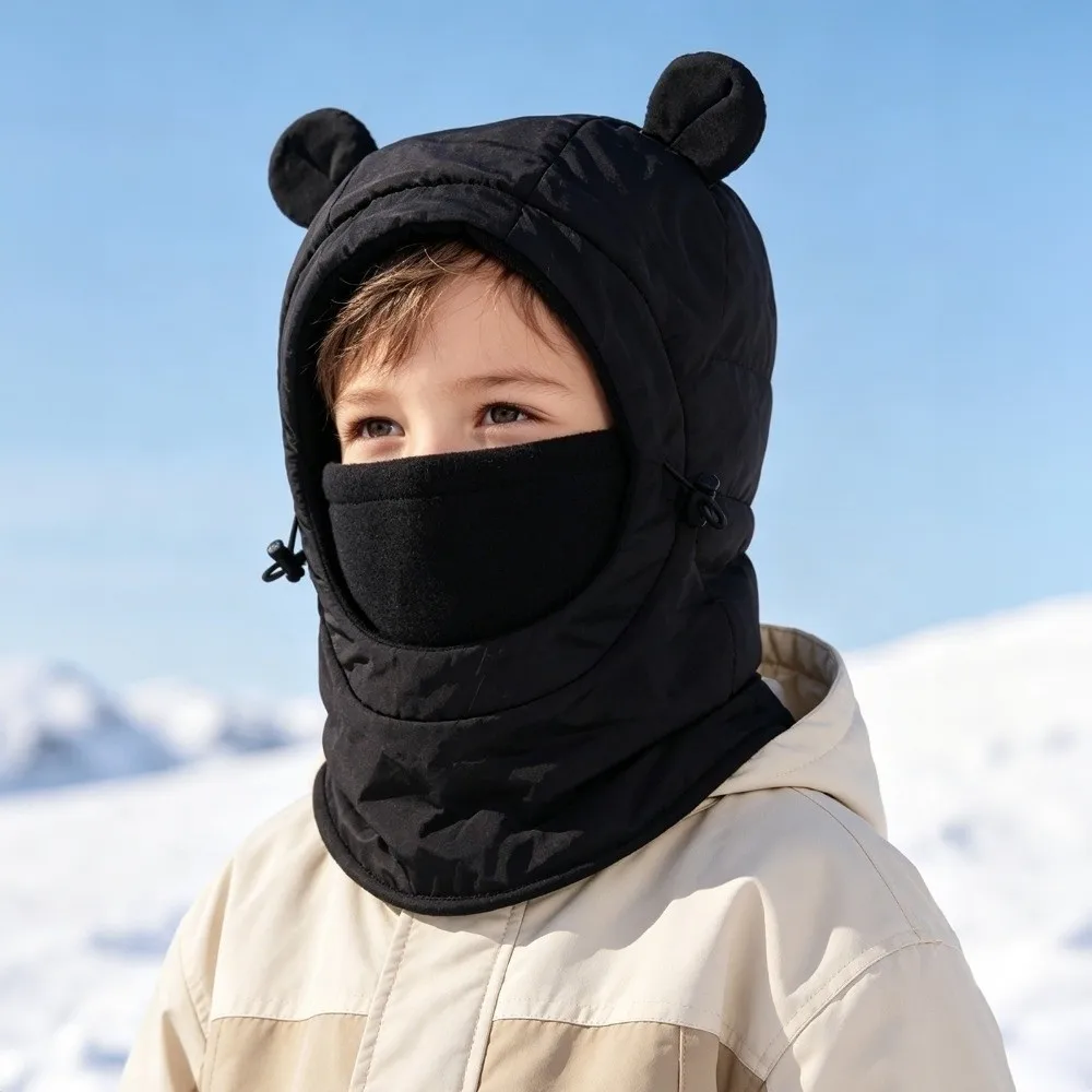 Unisex Fleece Lined Balaclava Hats Windproof Full Face Cover Ear Protection Cap Bear Ear Design Children's Hats