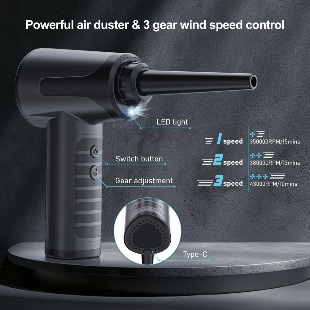 Cordless Handheld Air Duster 75000PA USB-C Charging 3 Levels 43000RPM LED for Office Electronics Cleaning Cordless