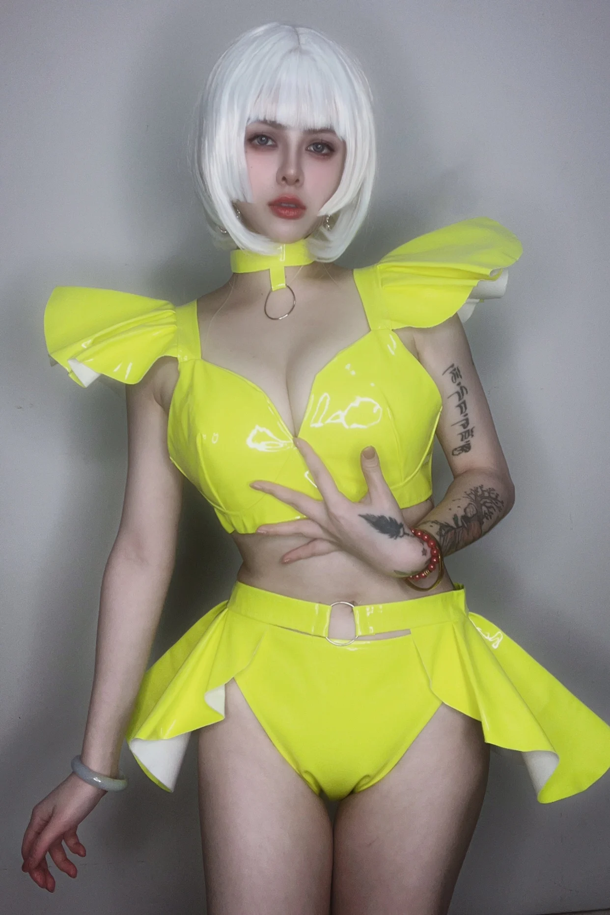Nightclub Bar Gogo Singer Dance Team Stage Performance Costume Fluorescent Yellow Green Lacquer Leather Bikini Skirt Set Pink