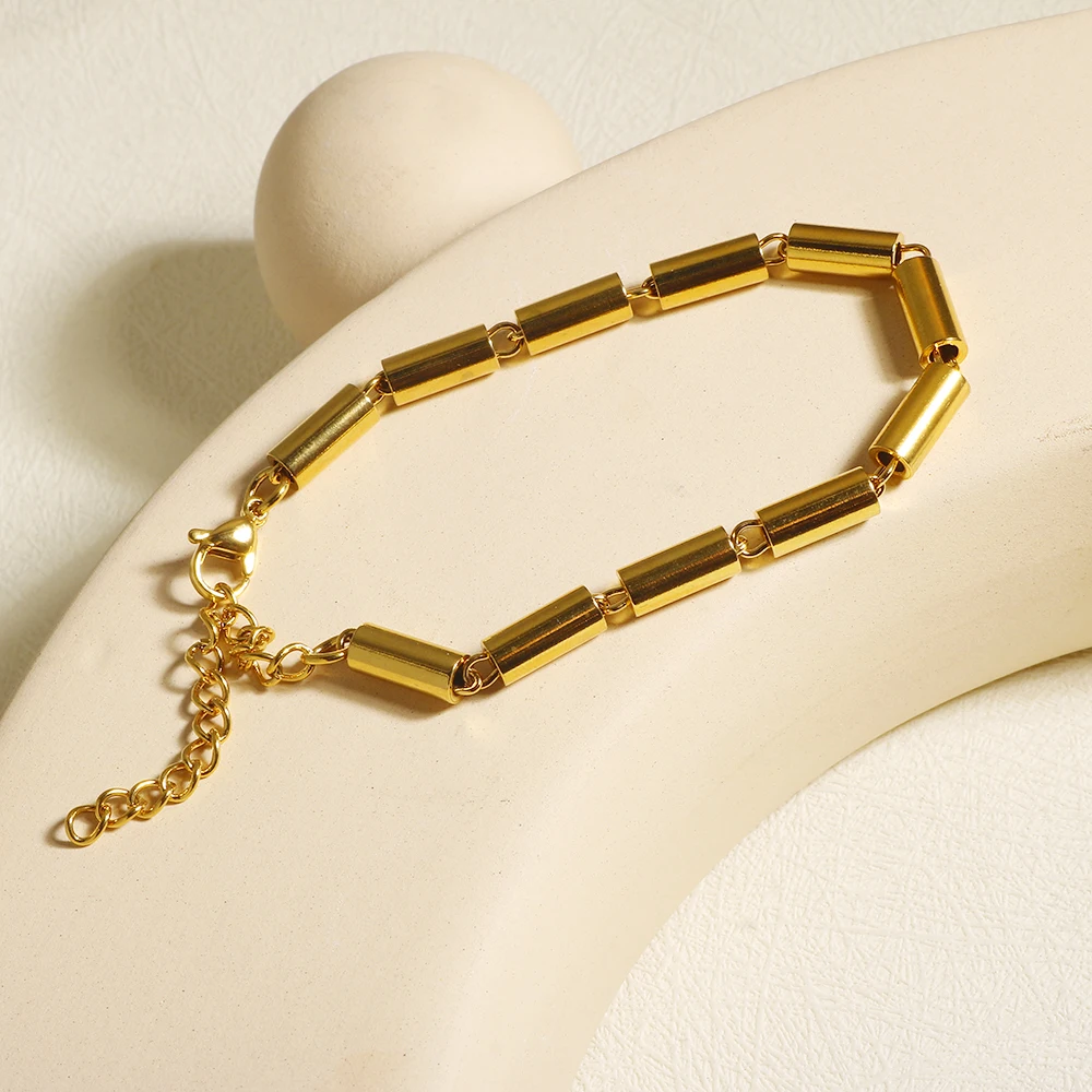 Punk Round Pipe Metal Necklace For Men Women High Polished Gold Color Plated Stainless Steel Jewelry Sets Couple Bracelet Gift