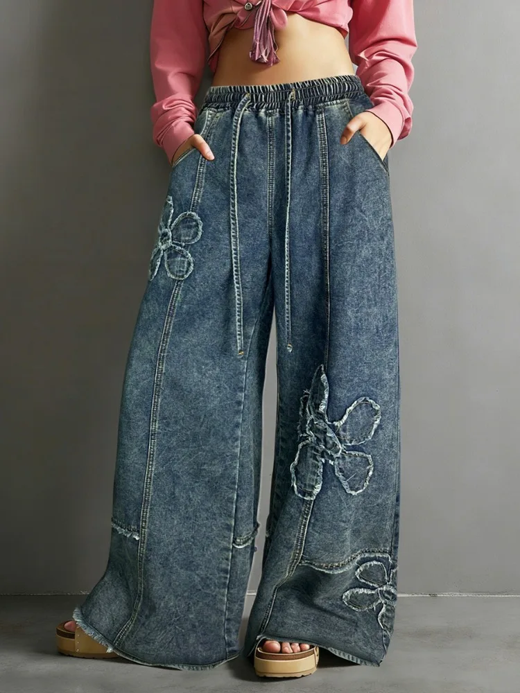 Tinaa Women's Plus Size Jeans Vintage Blue Washed Flower Shape Elastic High Waist Drawstring Loose Casual Denim Pants Bottoms