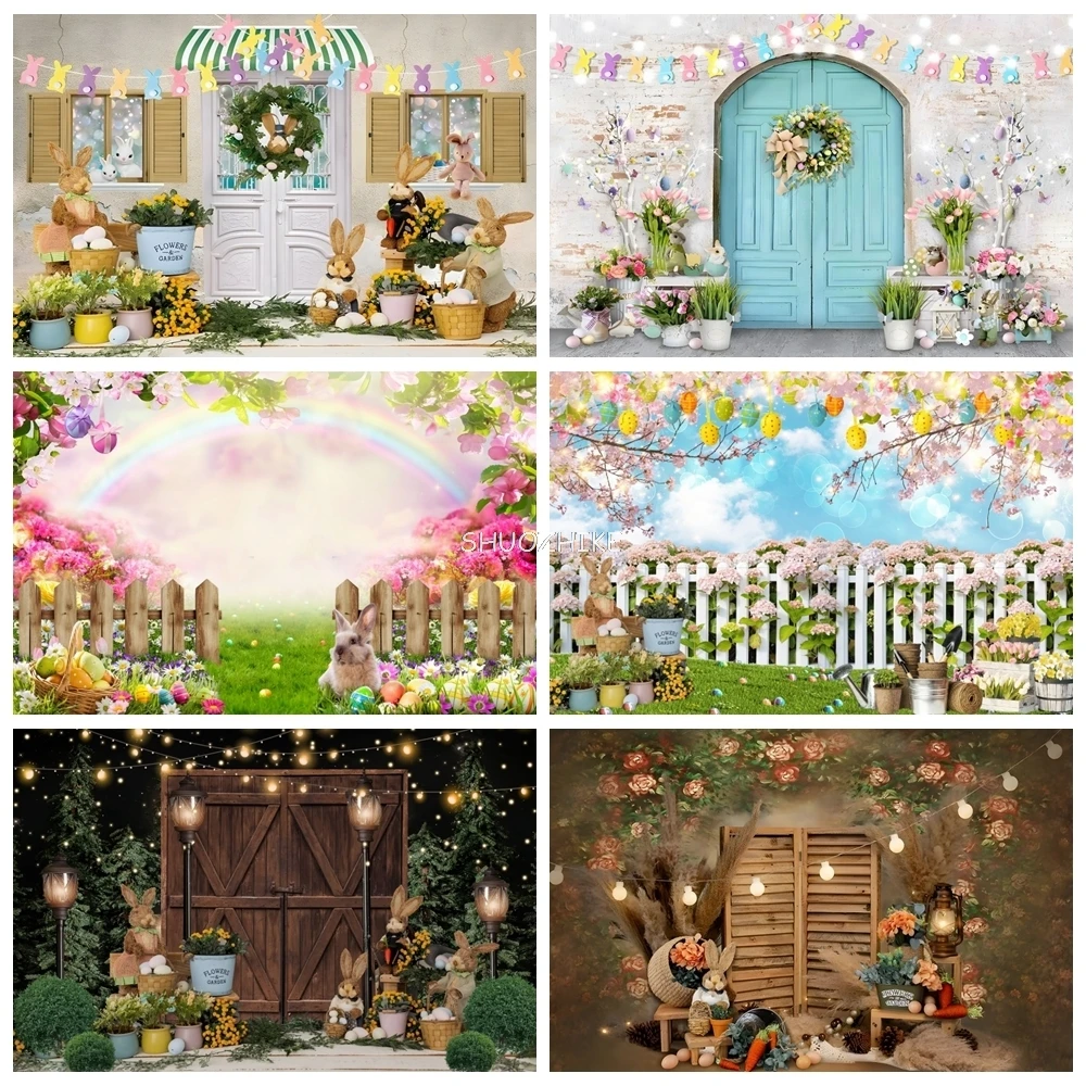 Spring Easter Wood Door Backdrops Photography Green Grass Flower Egg Cute Rabbit Background Kid Birthday Party Supplies Decor