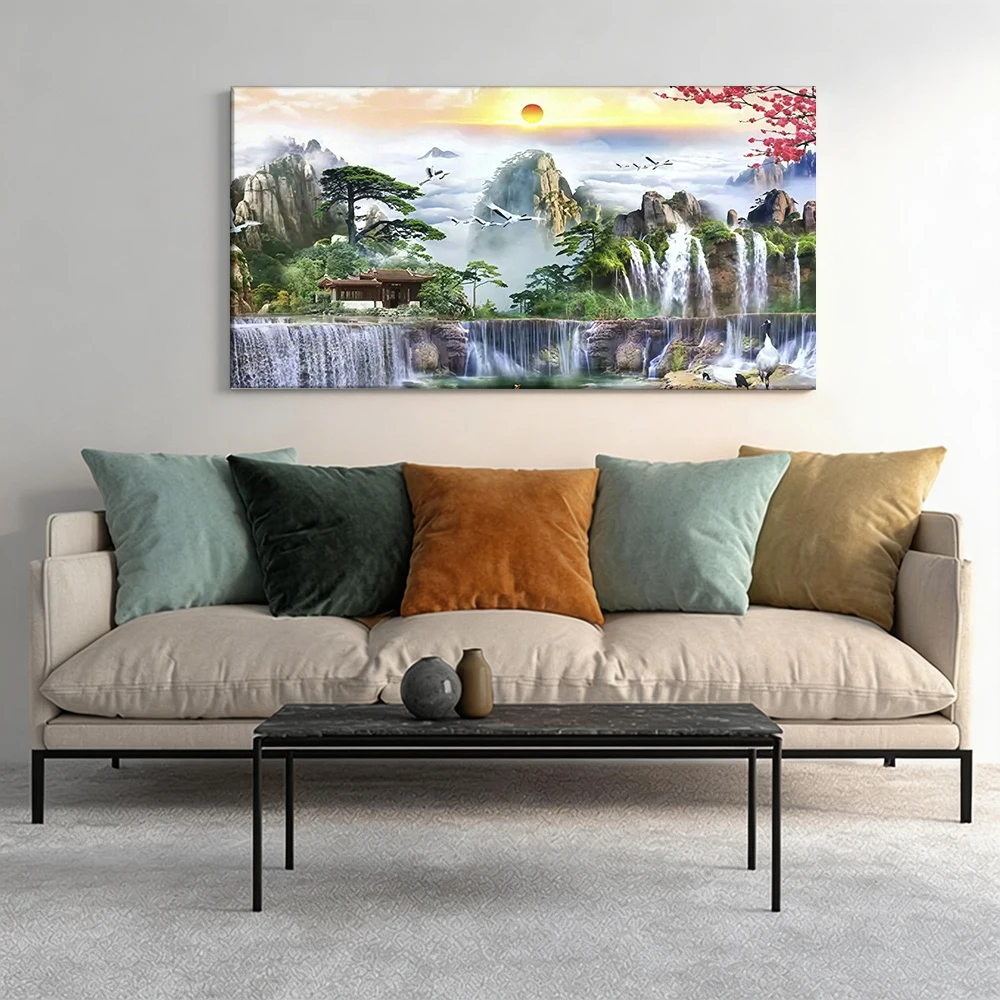 1 pieza de cuadro decorativo en lienzo con marco de madera, paisaje: montañas, cascadas, pabellón. Decoración de pasillo.