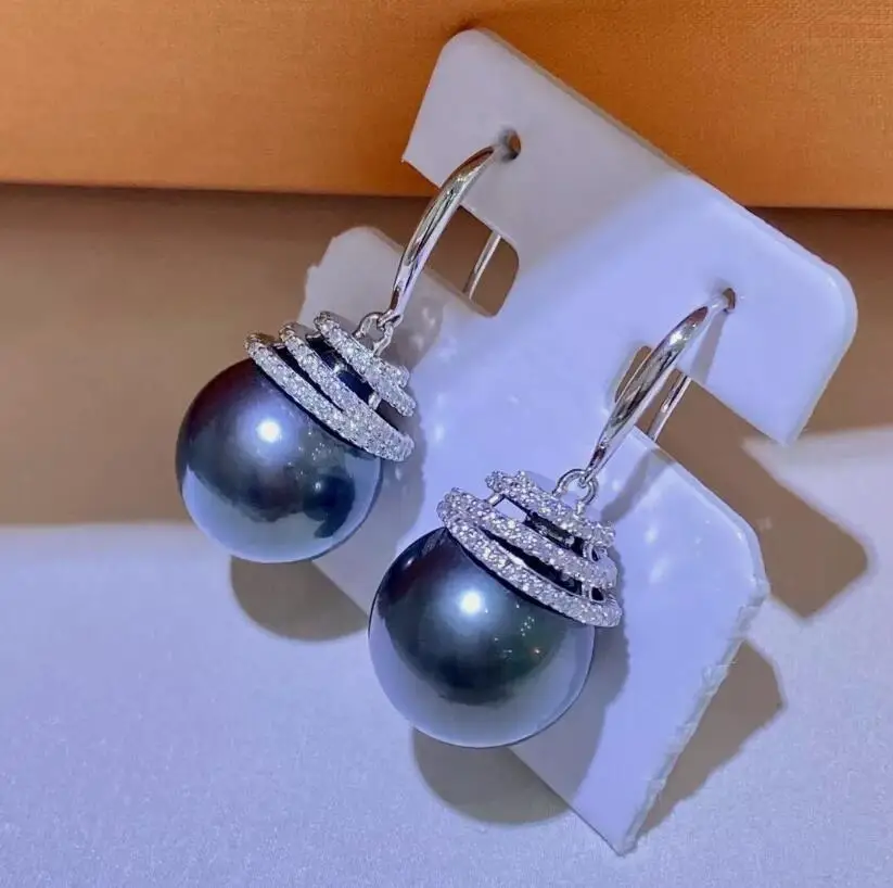 

stunning 11-10mm tahitian round black greem pearl dangle earring 925s