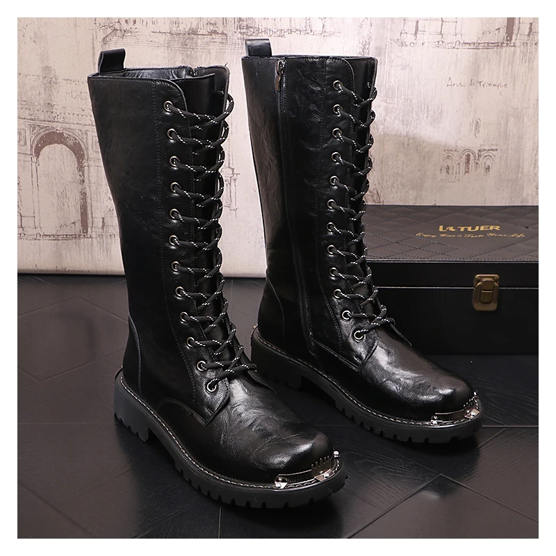 famous brand designer boots for men fashion lace-up genuine leather shoes black high boot punk motorcycle long botas masculinas