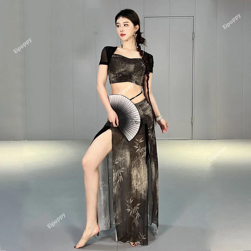 Vestito da pratica di danza del ventre per le donne nuovo Costume da ballo orientale vestito da palcoscenico danza del ventre principianti gonna lunga Sexy Set stile inchiostro