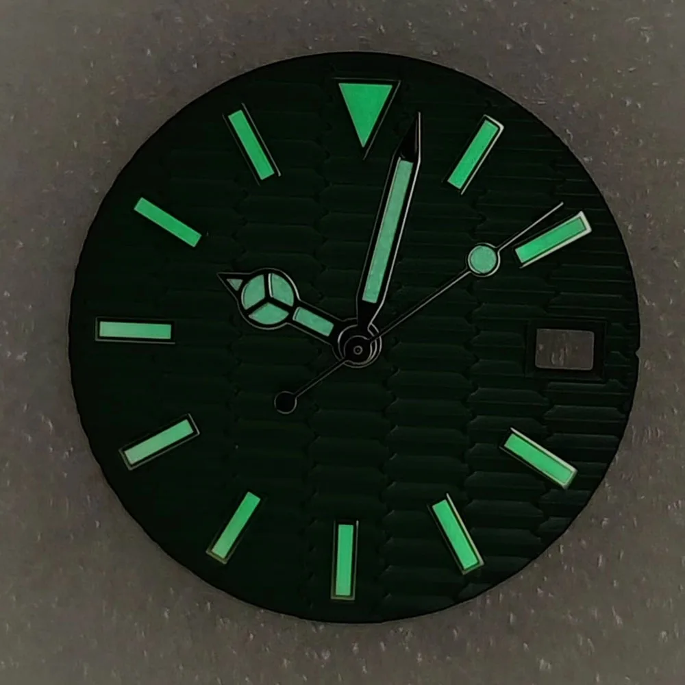 28.5mm Watch Dial With Watch Hands Blue Green Luminous NH35 Dial for NH35 Movement Single Calendar Watch Faces + Silver Pointers
