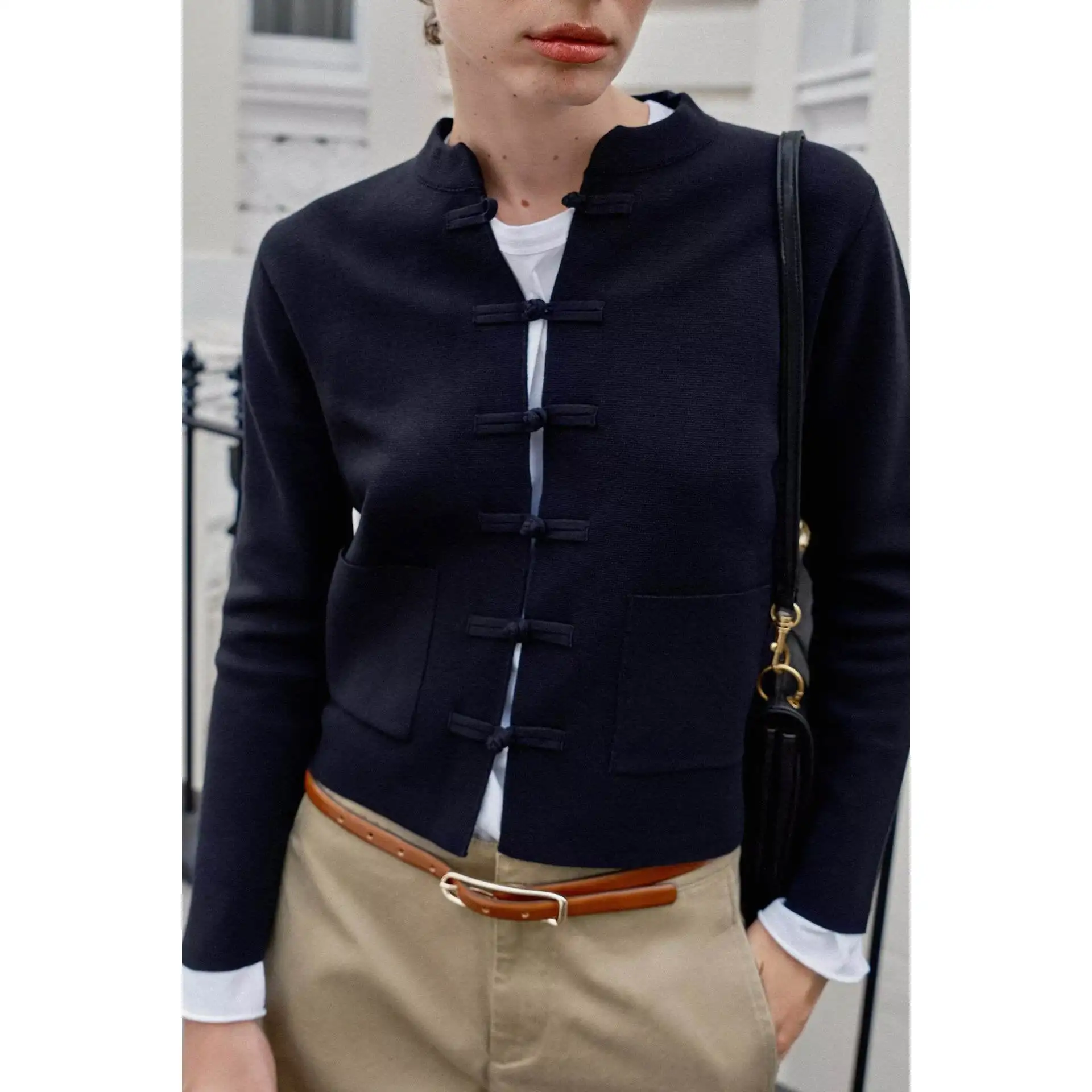 Casual Knitted Jacket ZR Wind Commuter Style Knot Decorated Rope Buckle Women's Short Outerwear Standard Fit Polyester Fiber