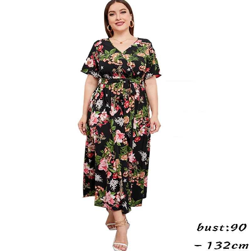 

High quality max long dress for women short sleeve big size flower print V neck new 2024 summer lady beach clothing black green