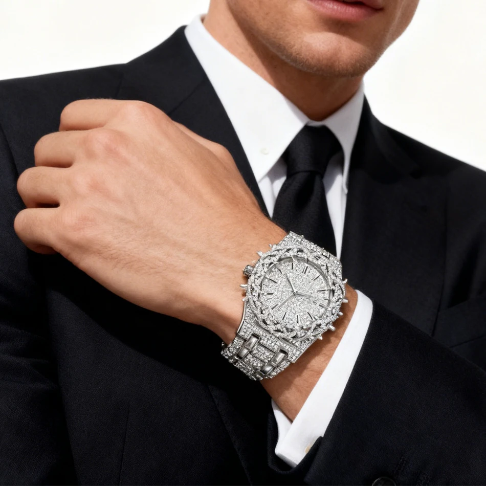 PINTIME شوكة تاج ساعات كوارتز موضة الهيب هوب مثلج ساعة اليد رجل قطرات الأعمال الفاخرة الكوارتز السادة ساعة