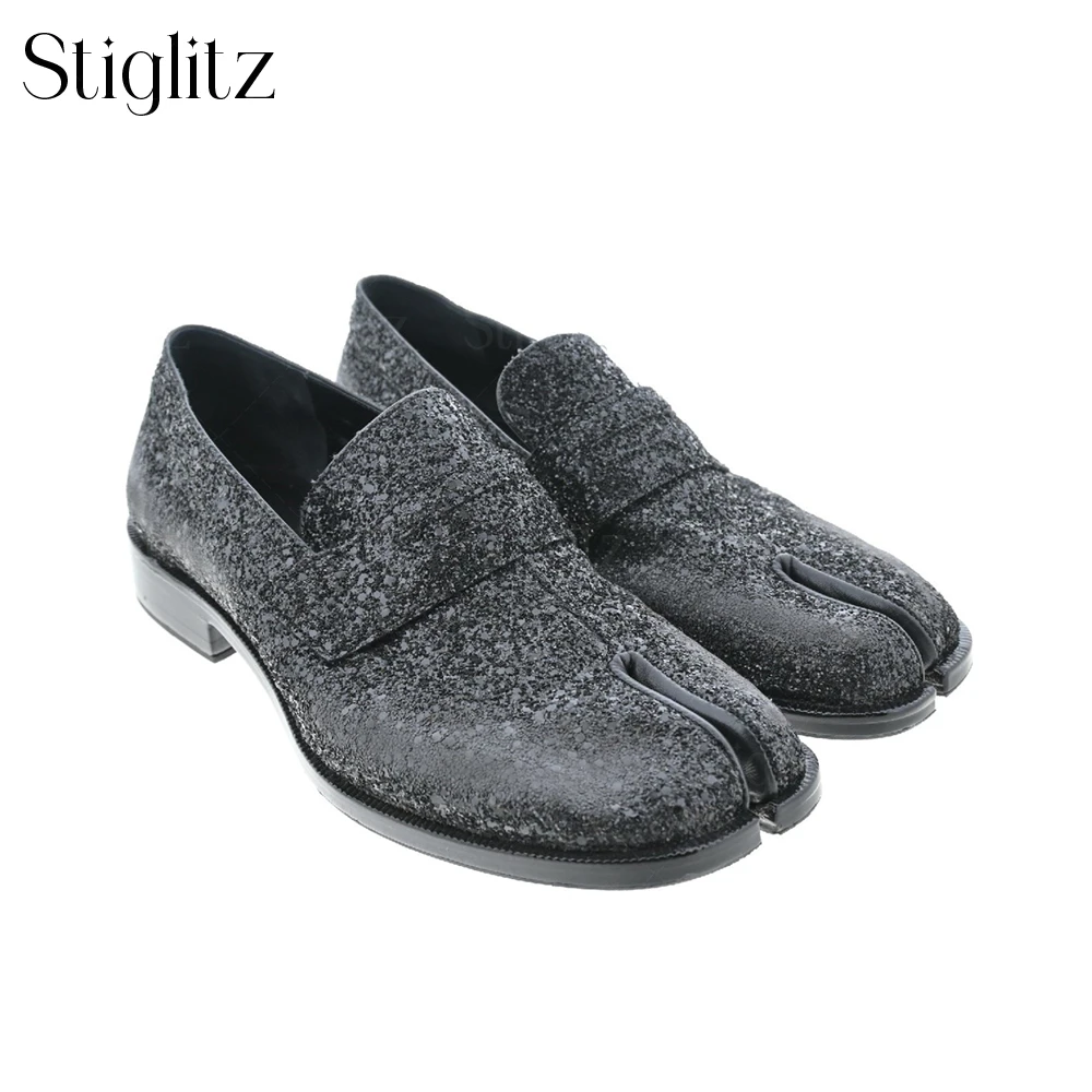 Black Sequined Tabi Loafers Novelty Designer Style Split Toe Shoes Fashion Style Sparkling Dress Shoes Comfortable Leather Shoes