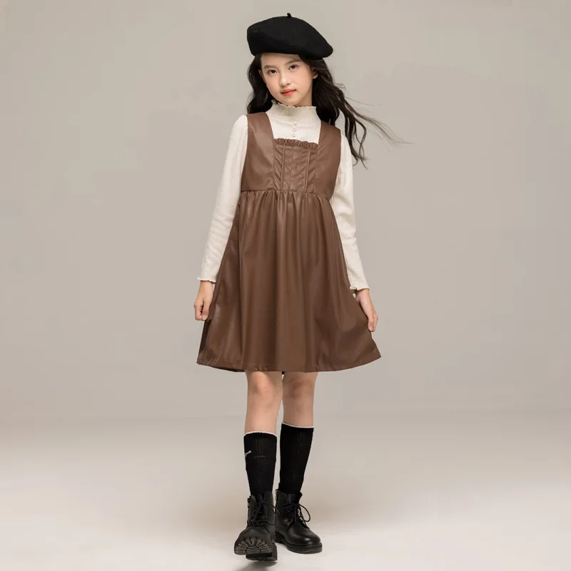

2pcs 2025 spring winter Teens Girls Cloth PU leather coffee sundress dress + white knit sweater children set retro 8 10 12 year