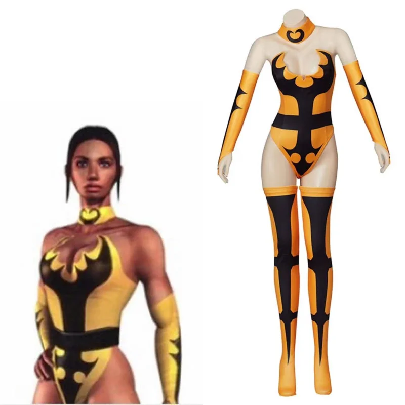 

Game Mortal X Tanya Cosplay Kobu Jutsu Costume Yellow Jumpsuit Combat Suit Sexy Bodysuit with Gloves Stockings Party Suit