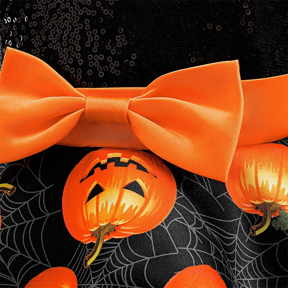 Toddler Pumpkin Print Halloween Party Cosplay Mesh Ball Gown Baby Girls Birthday Carnival Charm Cartoon Bow Princess Dress - view 3