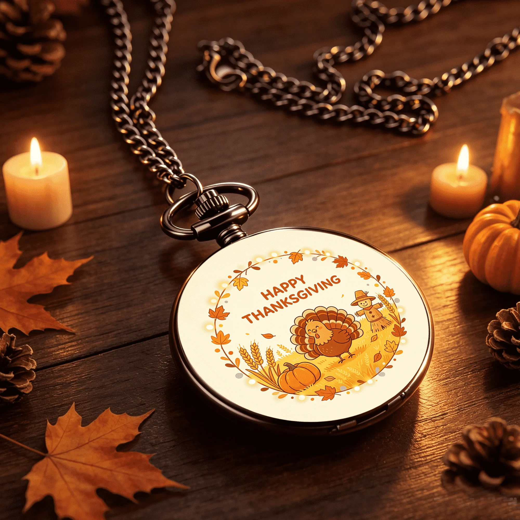 Vintage Gold-Toned Thanksgiving Pocket Watch with Exquisite Printed Design – An Elegant Festive Gift for Men and Women