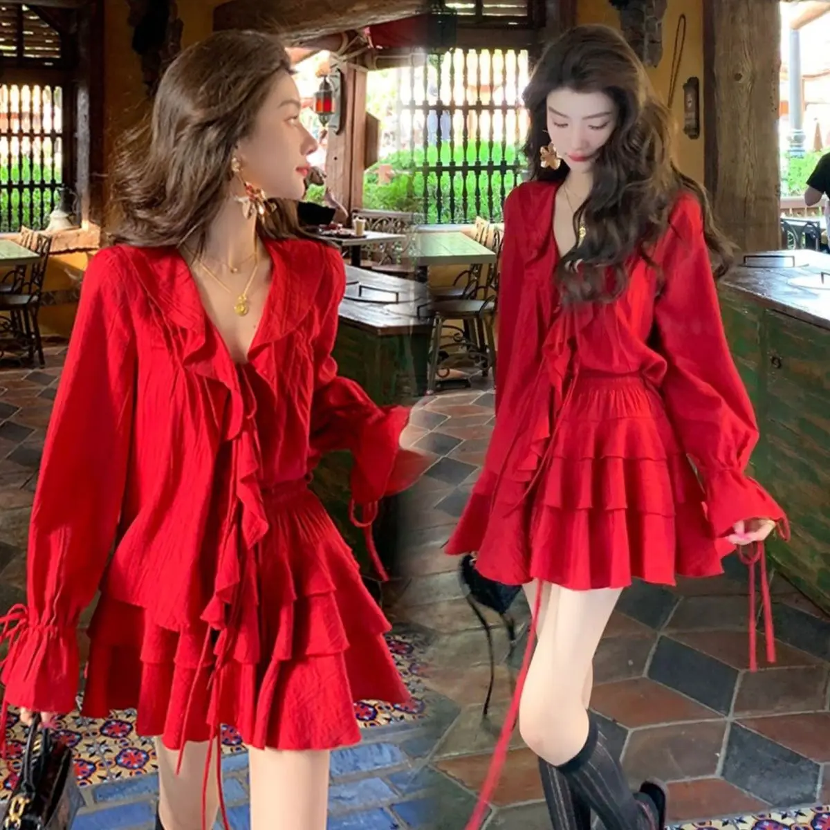 2023 Autumn Red 2 Piece Dress Set Women Casual V-Neck Y2k Crop Tops + Mini Skirts Even Party Clothing Korean Style Fashion Suits