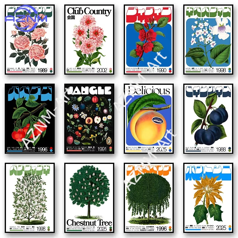 

Классический холст с изображением японских винтажных роз, цветов, фруктов и деревьев, постер в стиле середины века, декор для кофейни, бара, комнаты, без рамы