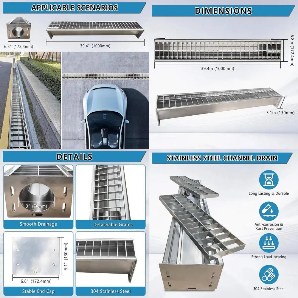 

Durable 39.4 Stainless Steel Trench Drain with 6.8x5.1 Profile, 2 Galvanized Grates, for Driveway & Outdoor Spaces